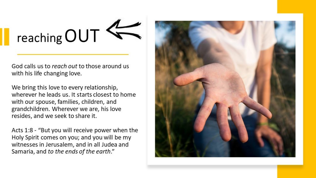 slide 5 - reaching Out - God calls us to reach out to those around us with His life changing love